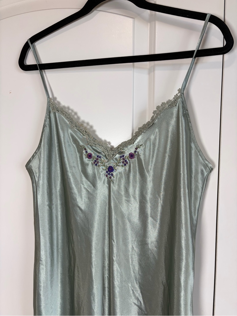 Vintage Satin Slip Chemise with Floral Embroidery Sage Green